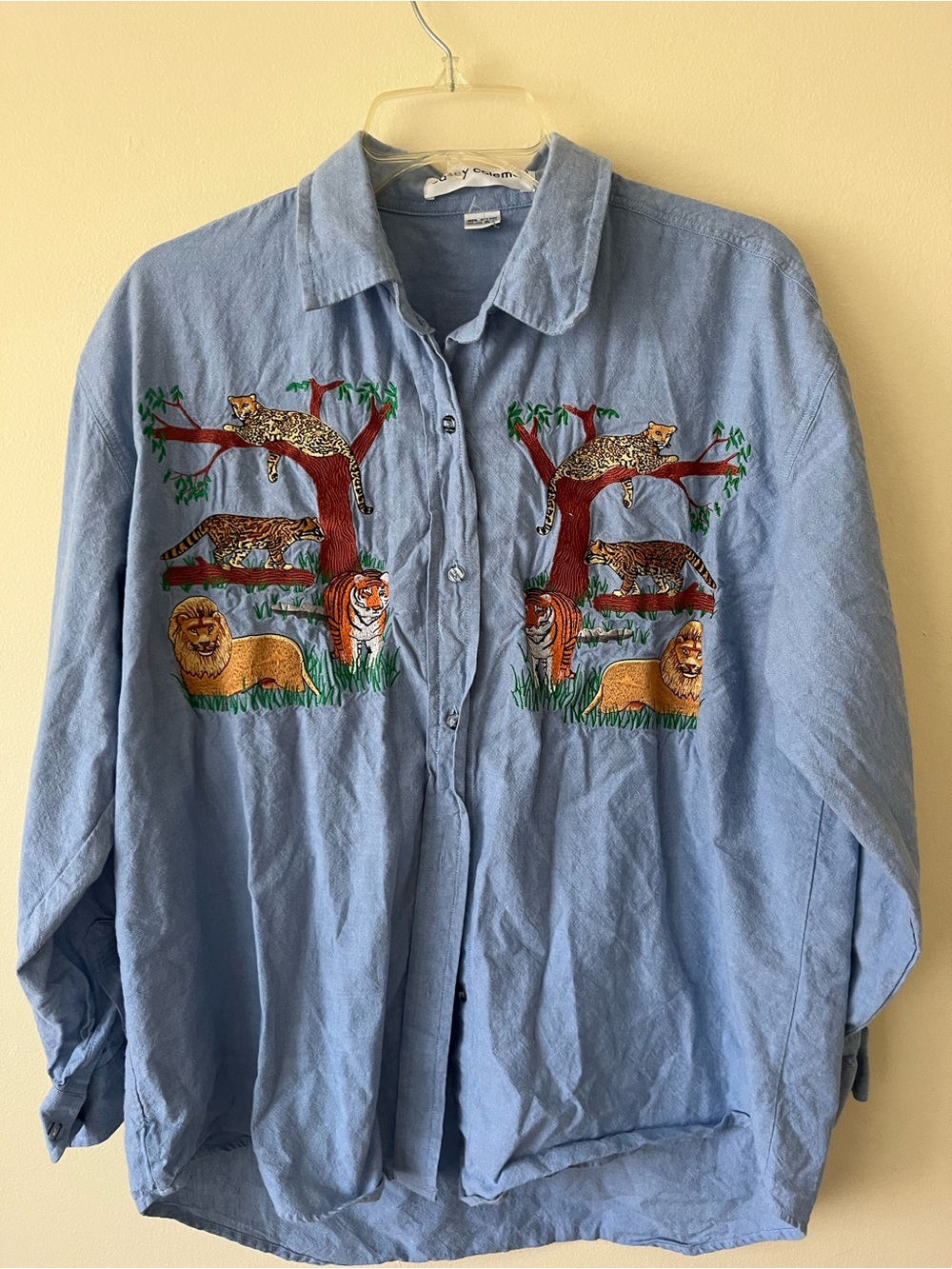 Vintage wild cats animals safari button down chambray shirt medium